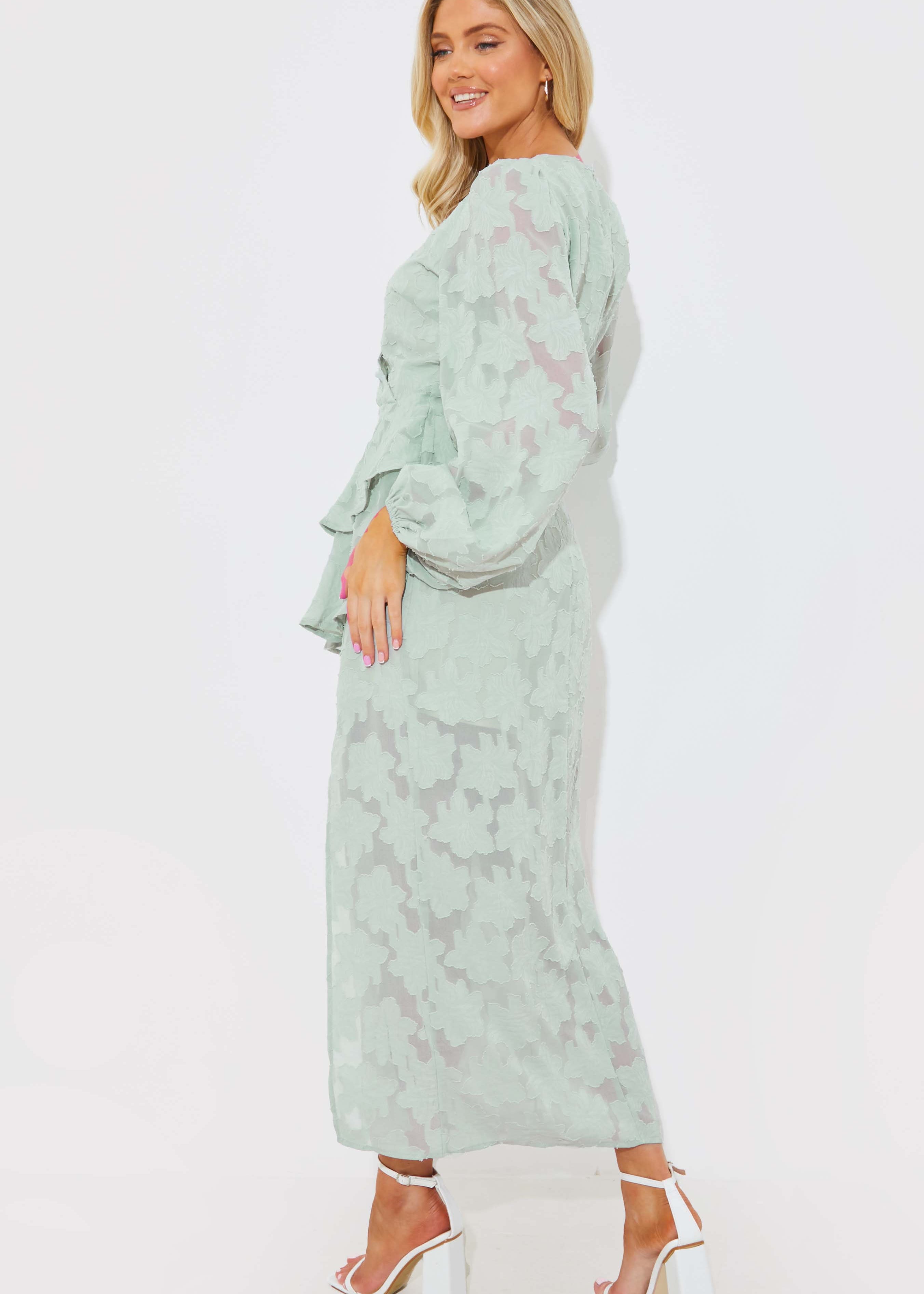 Assymetric Frill Wrap Midaxi Dress In Jacquard