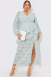 Assymetric Frill Wrap Midaxi Dress In Jacquard