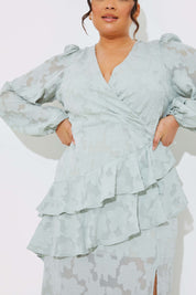 Assymetric Frill Wrap Midaxi Dress In Jacquard
