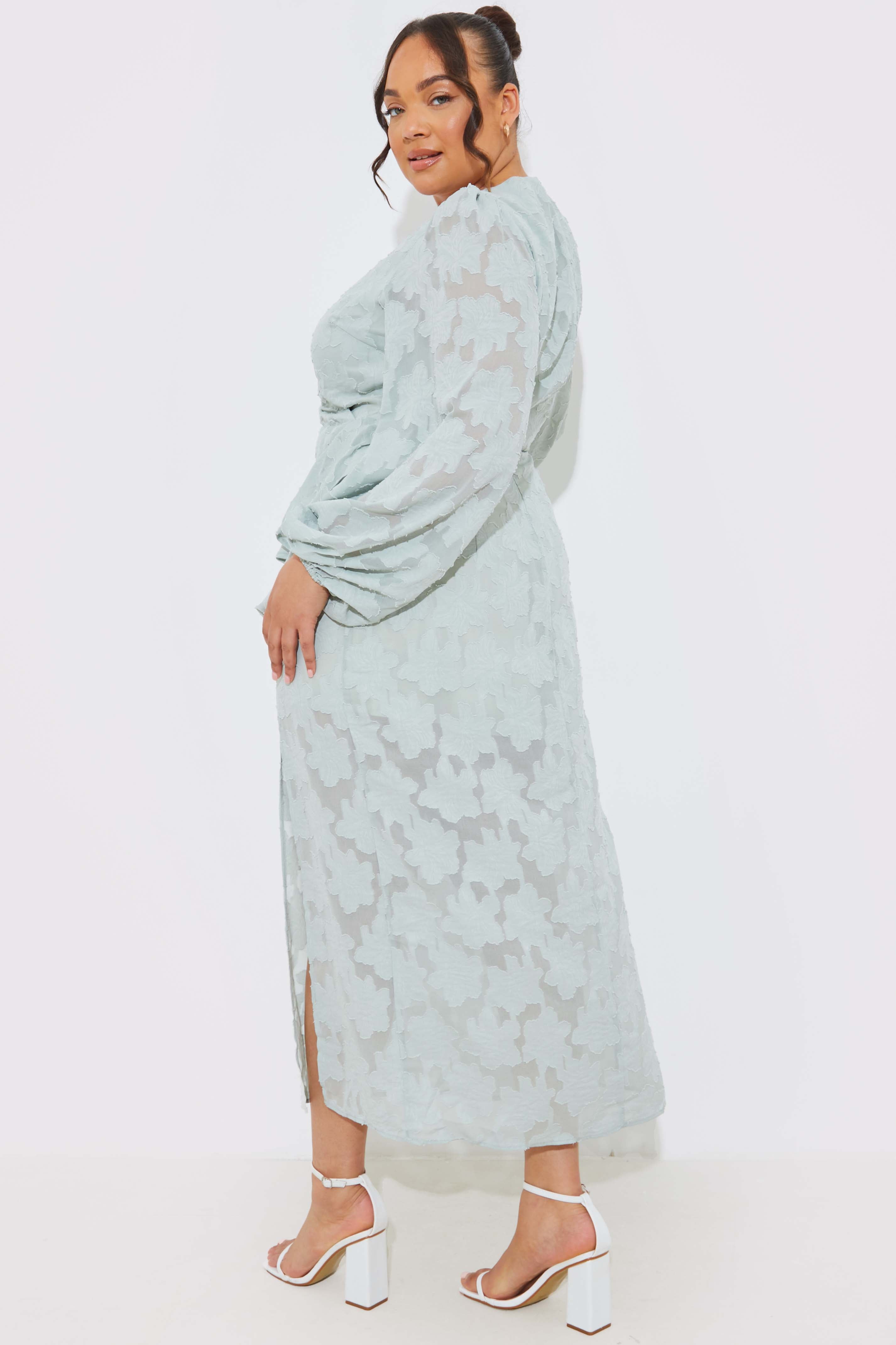 Assymetric Frill Wrap Midaxi Dress In Jacquard