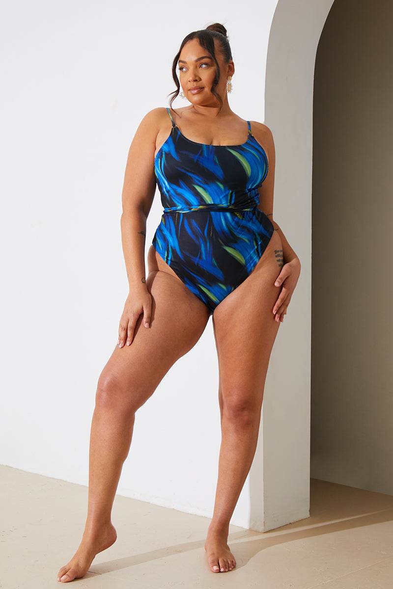 Abstract Print Scoop Neck Gold Trim Belted Swimsuit - InTheStyle