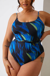 Abstract Print Scoop Neck Gold Trim Belted Swimsuit - InTheStyle