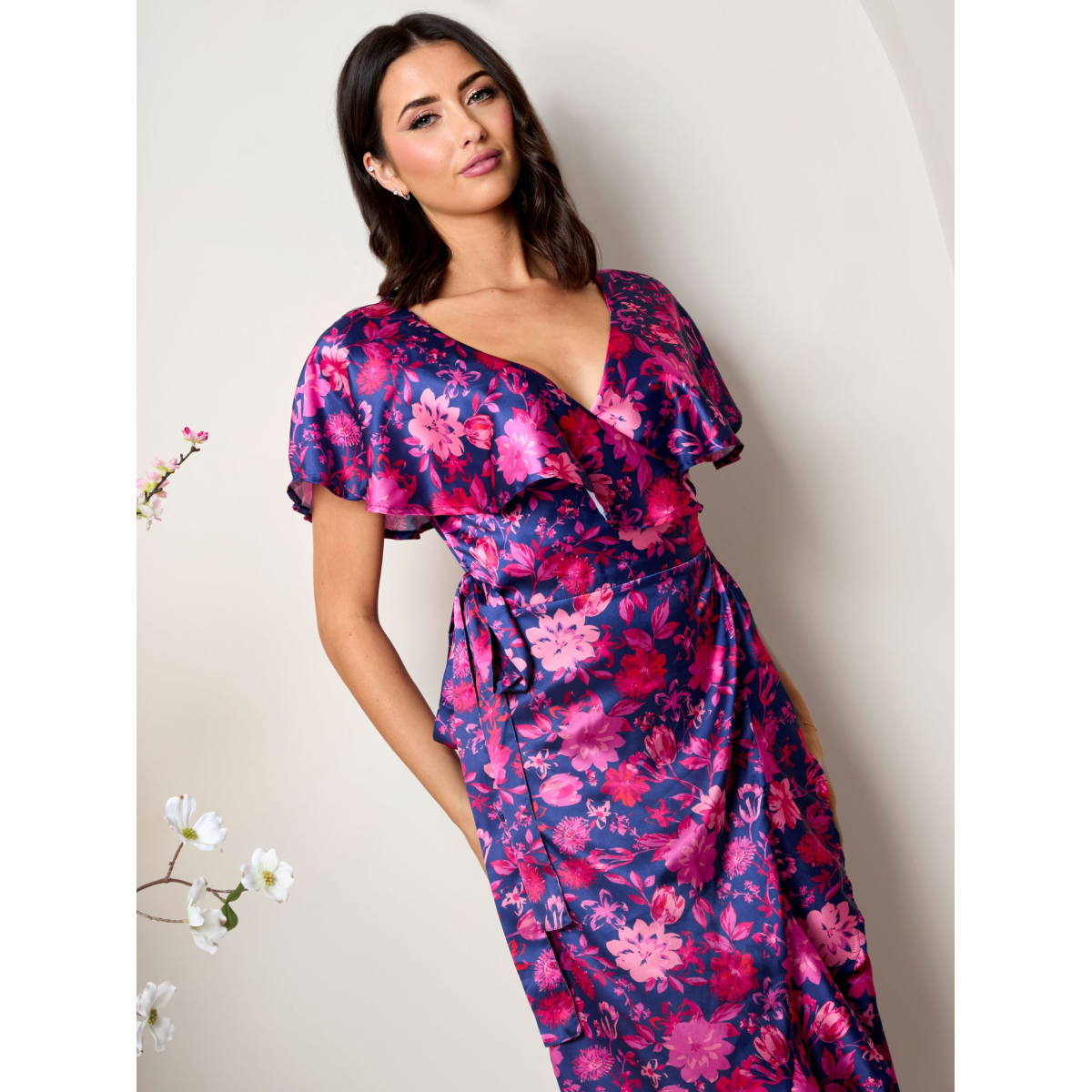 Chi Chi London V Neck Floral Wrap Midi Dress in Multi InTheStyle Chi Chi London V Neck Floral Wrap Midi Dress in Multi InTheStyle
