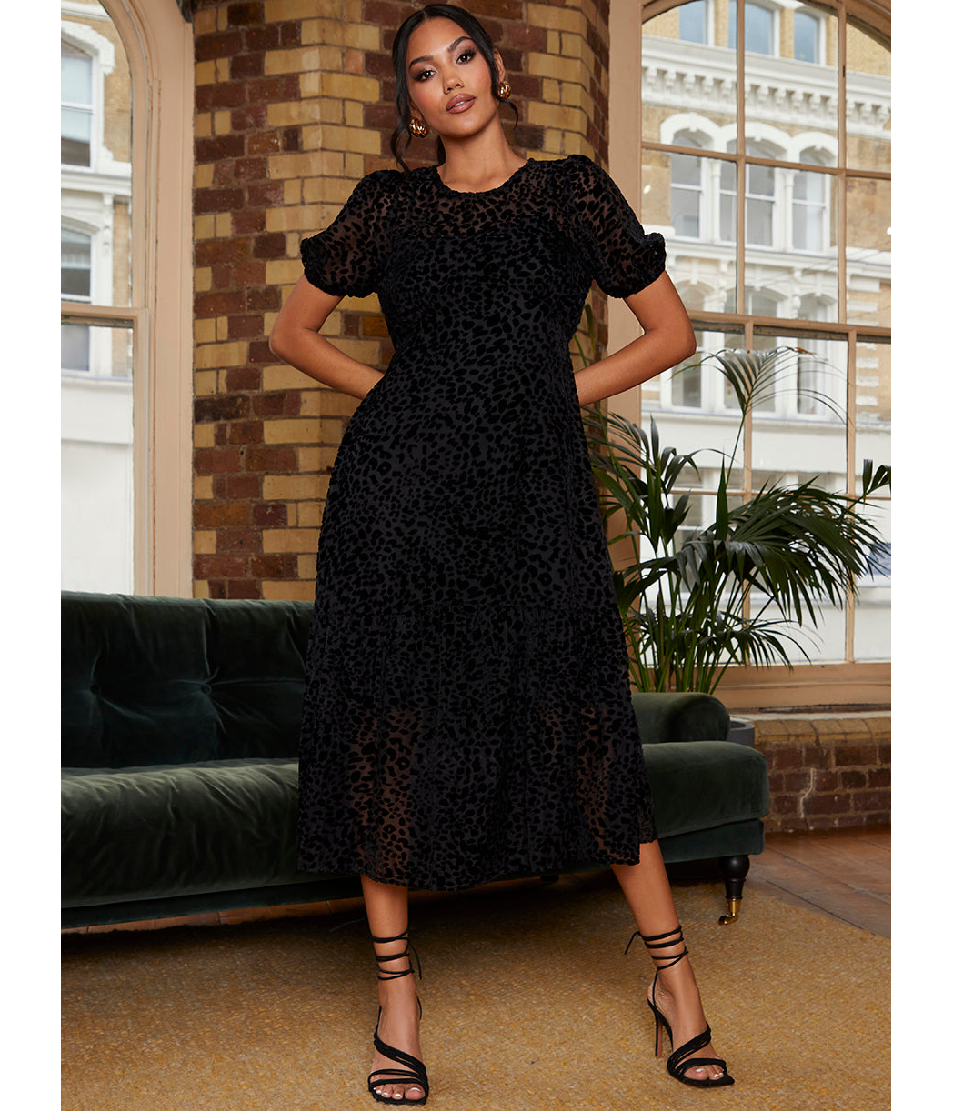 Chi Chi London Short Sleeve Sheer Detail Dobby Midi Dress in Black InTheStyle Chi Chi London Short Sleeve Sheer Detail Dobby Midi Dress in Black InTheStyle
