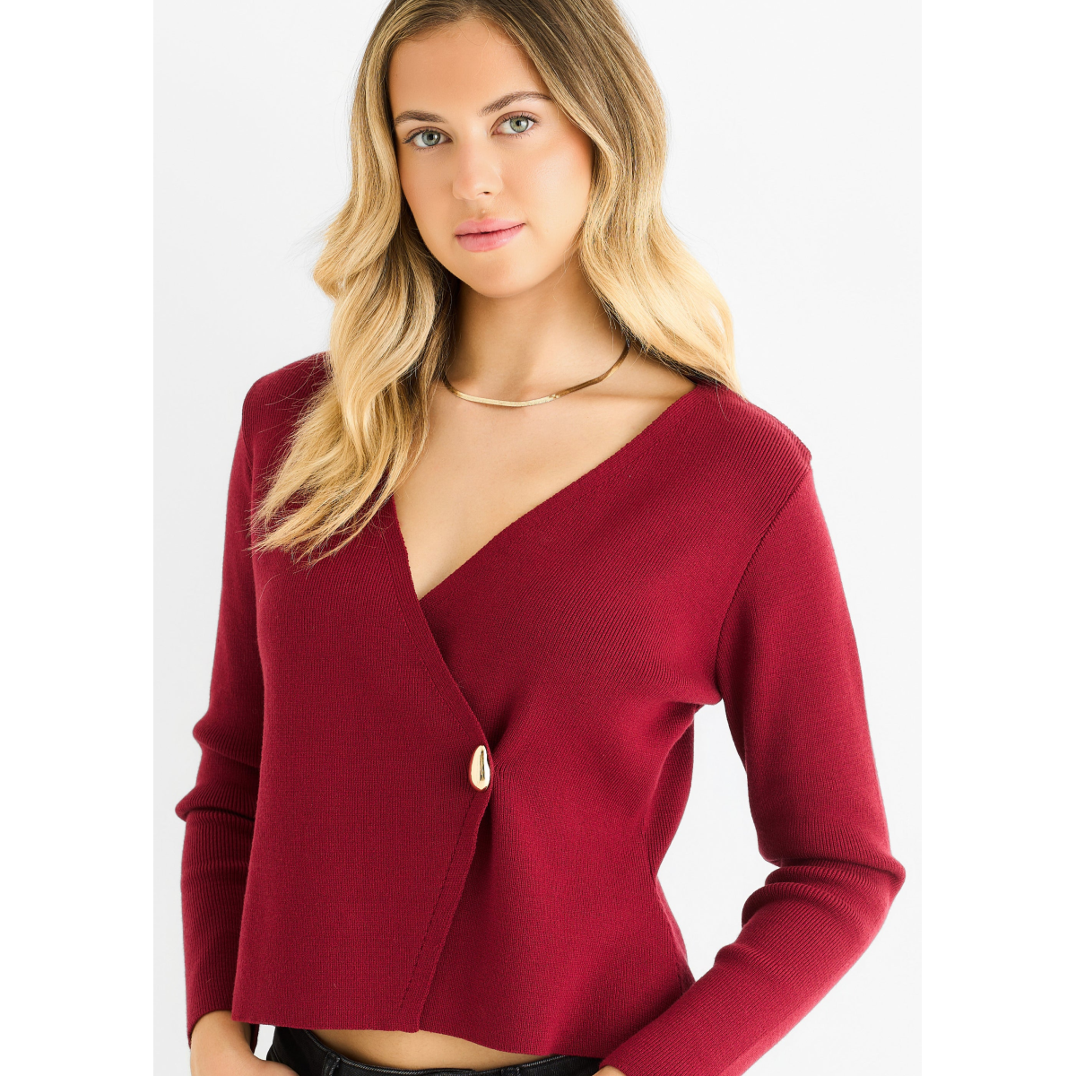 Burgundy Button Wrap Compact Knit Cardigan – InTheStyle