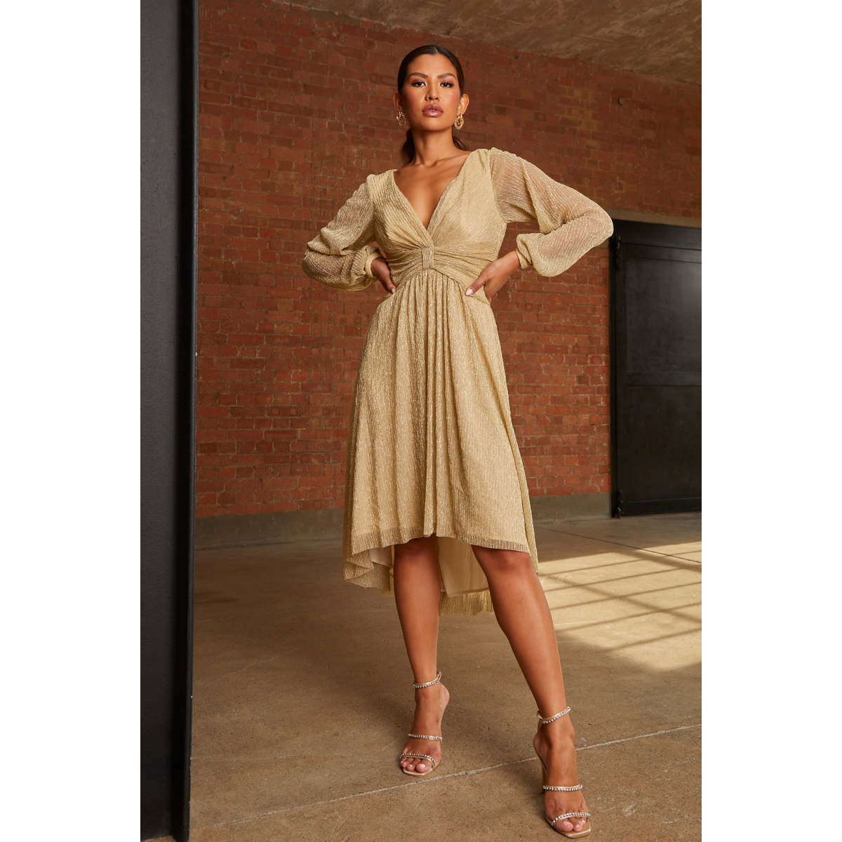 Long Sleeve Glitter Plisse Wrap Midi Dress in Gold InTheStyle Long Sleeve Glitter Plisse Wrap Midi Dress in Gold InTheStyle