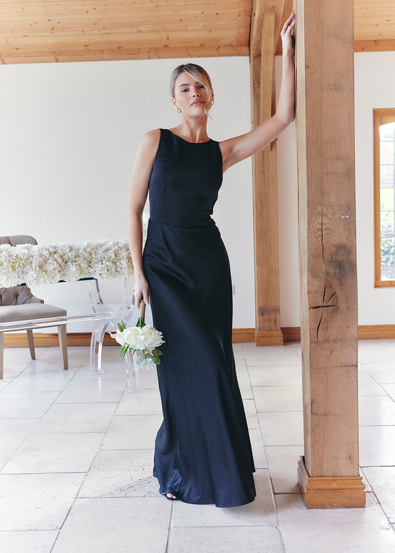 Black Satin Cowl Back Maxi Dress