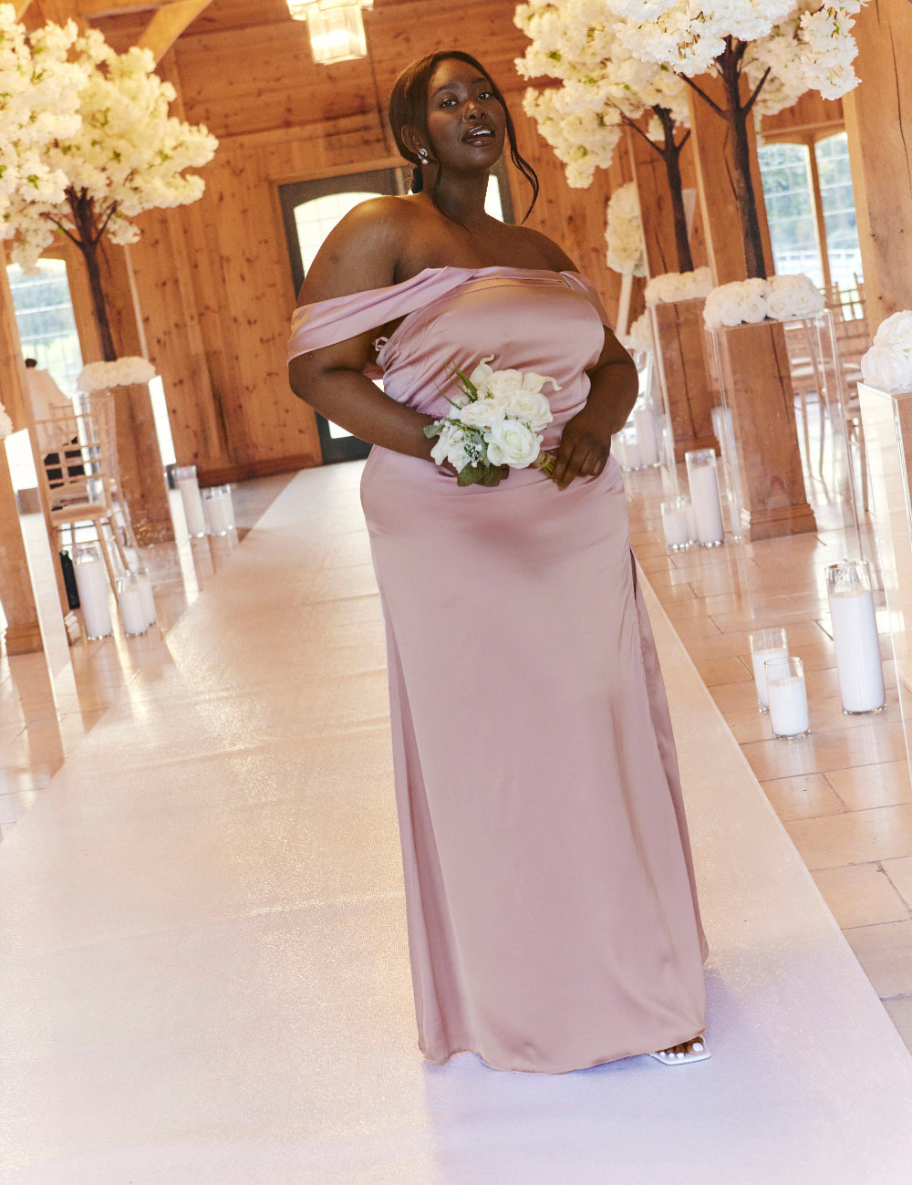 Rose Pink Satin Bardot Ruched Maxi Dress