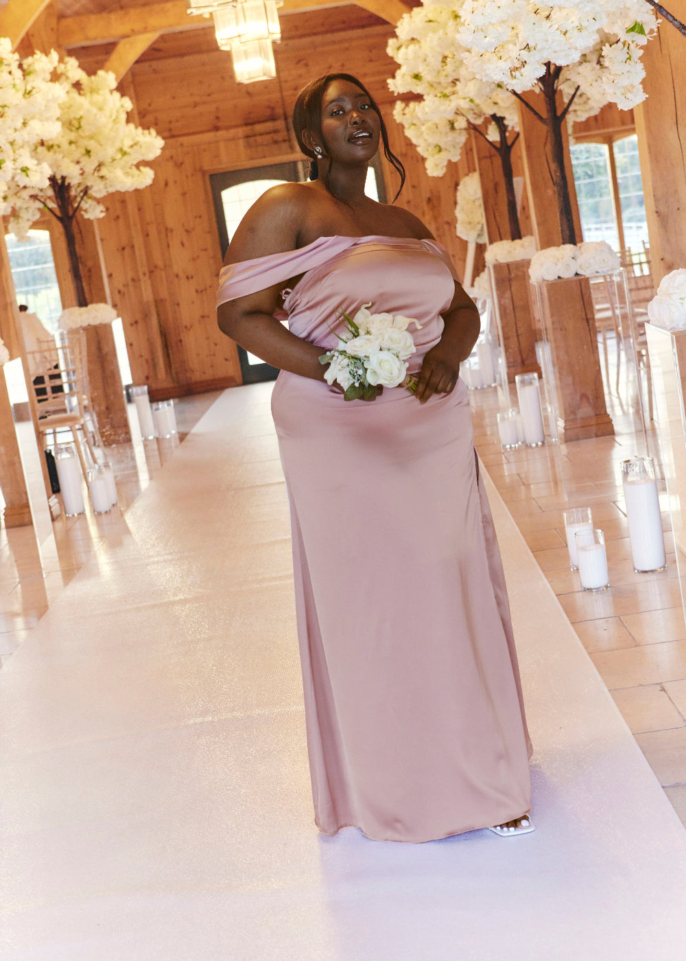 Rose Pink Satin Bardot Ruched Maxi Dress