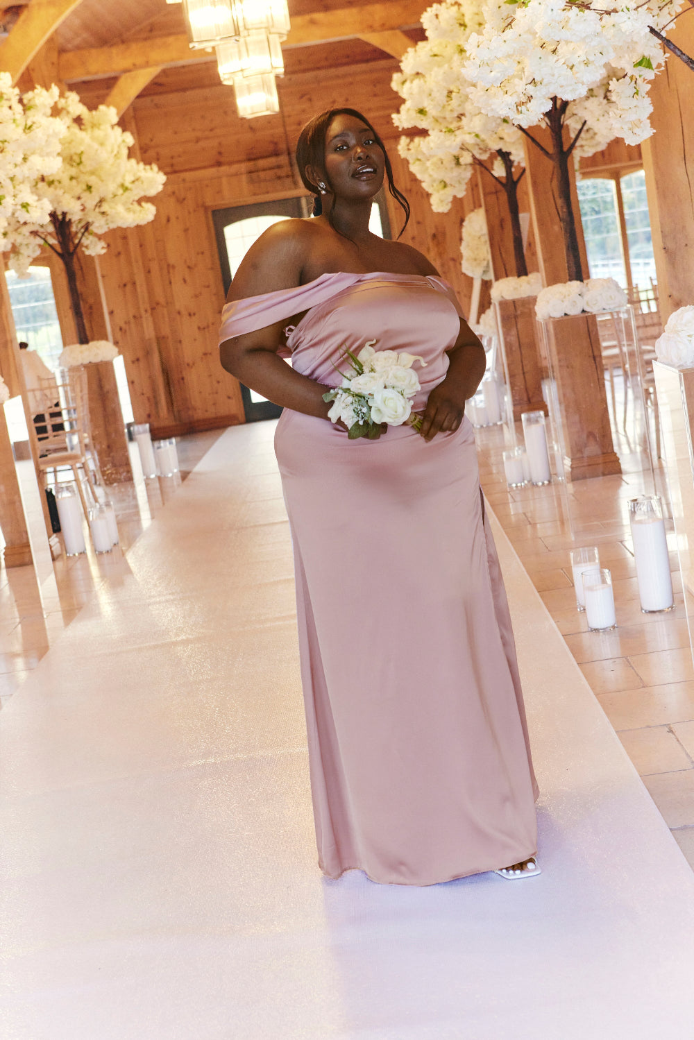 Rose Pink Satin Bardot Ruched Maxi Dress