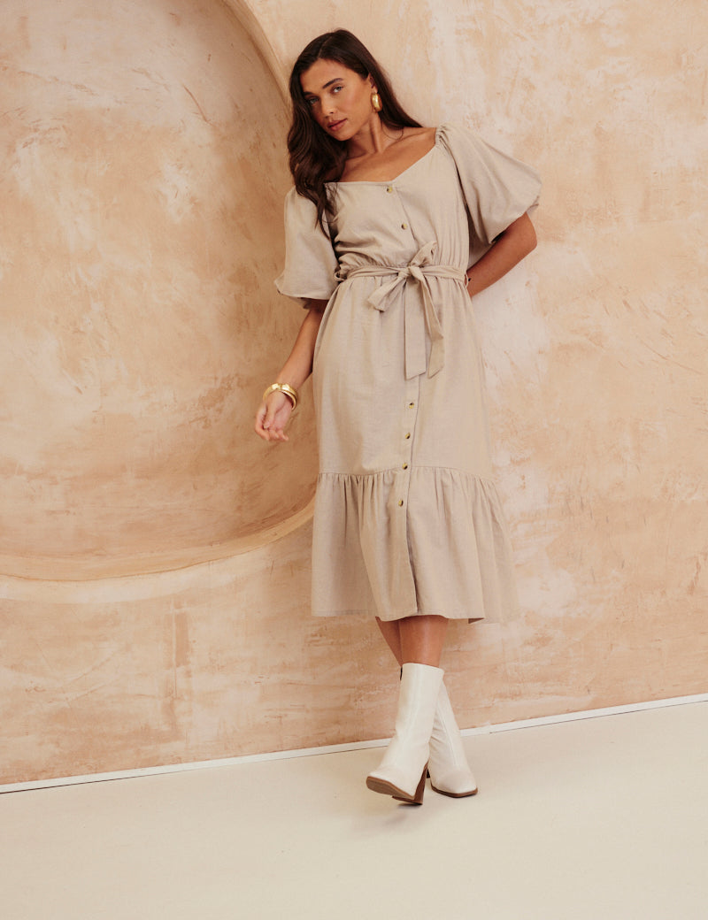 Recycled Puff Sleeve Belted Midi Dress
