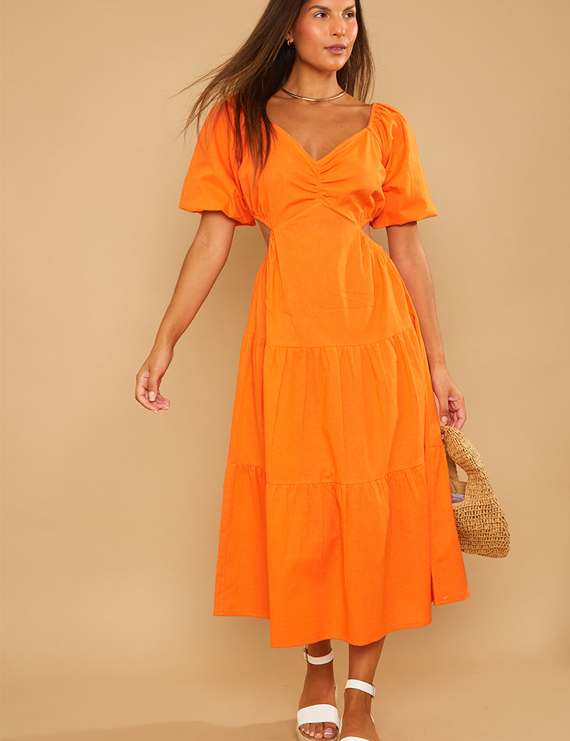 Recycled Puff Sleeve Cut Out Midi Dress
