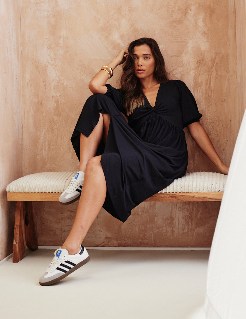 Recycled Puff Sleeve V Neck Button Detail Midi Dress