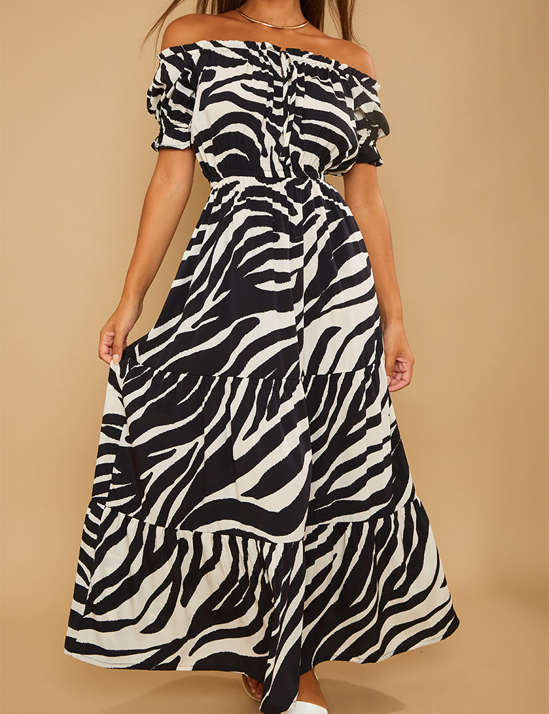Recycled Zebra Print Bardot Tiered Tie Detail Maxi Dress