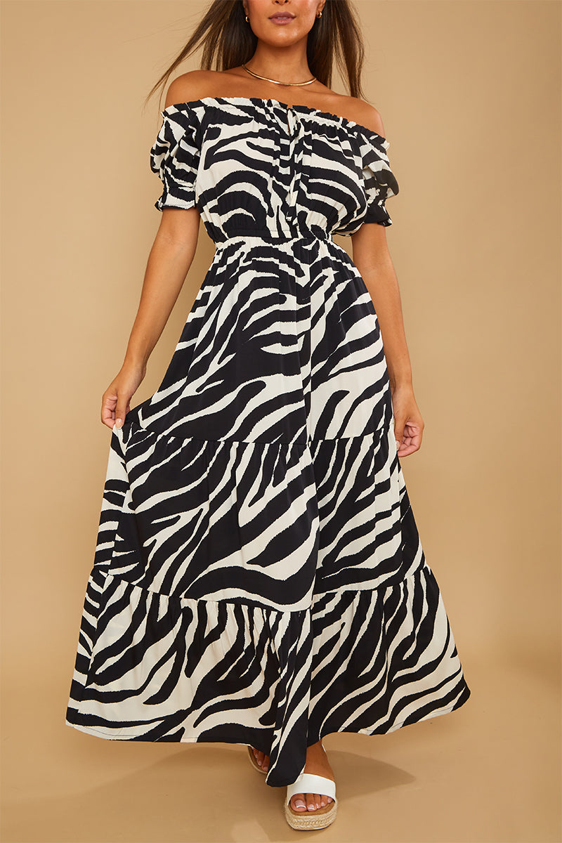 Recycled Zebra Print Bardot Tiered Tie Detail Maxi Dress