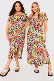 Sustainable Floral Milkmaid Side Split Midi Dress