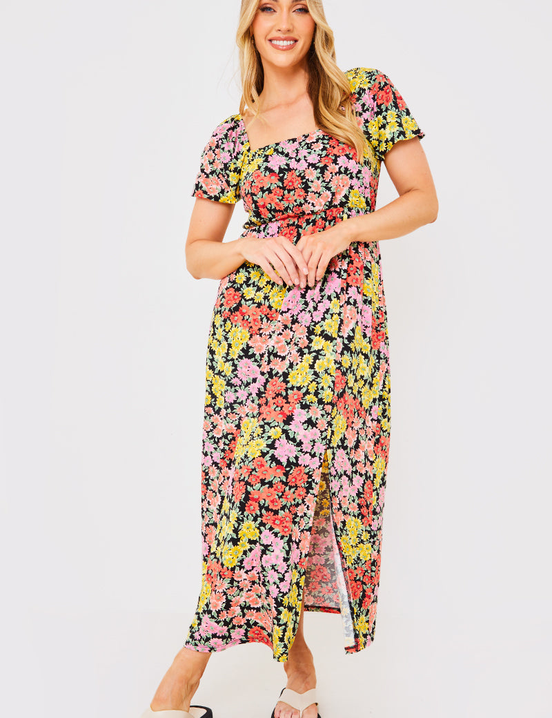 Sustainable Floral Milkmaid Side Split Midi Dress