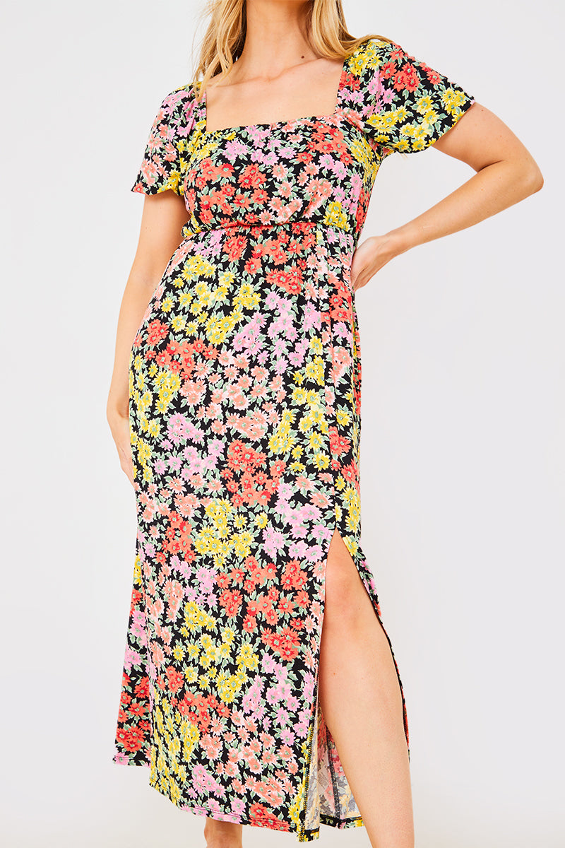 Sustainable Floral Milkmaid Side Split Midi Dress