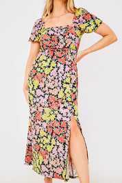 Sustainable Floral Milkmaid Side Split Midi Dress