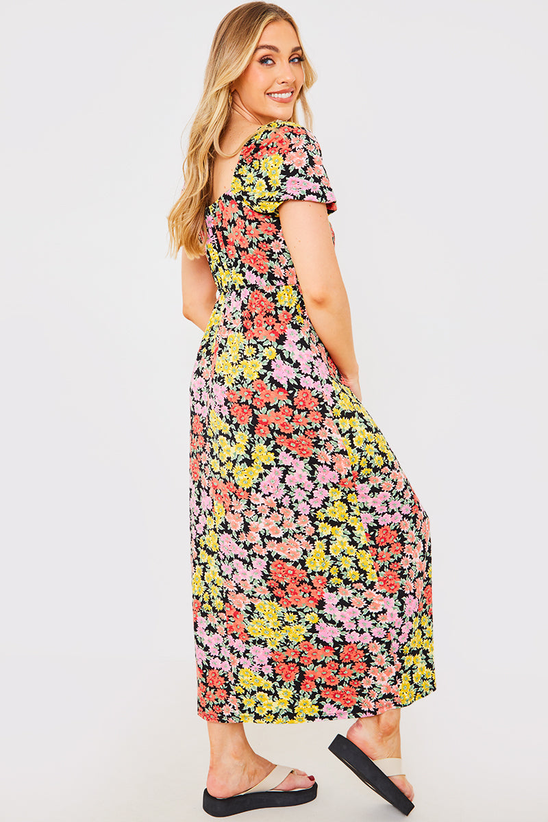 Sustainable Floral Milkmaid Side Split Midi Dress