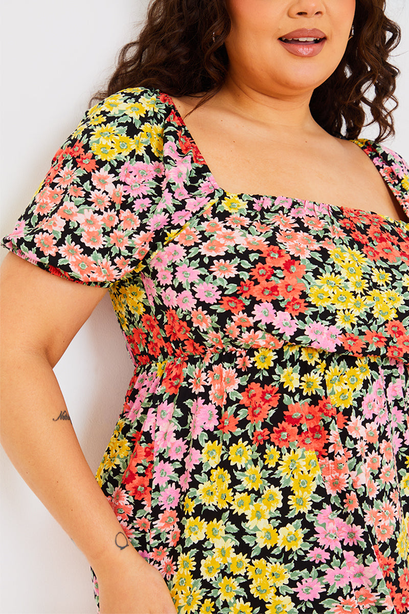 Sustainable Floral Milkmaid Side Split Midi Dress