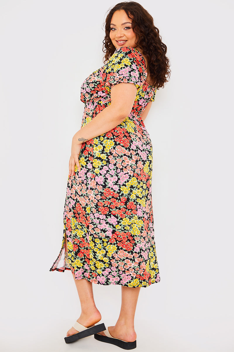 Sustainable Floral Milkmaid Side Split Midi Dress