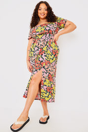 Sustainable Floral Milkmaid Side Split Midi Dress