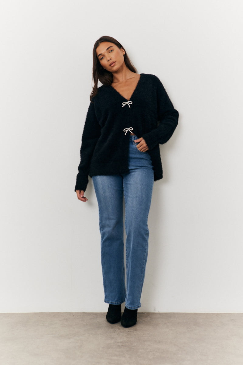 Fluffy Knit Embellished Bow Detail Cardigan