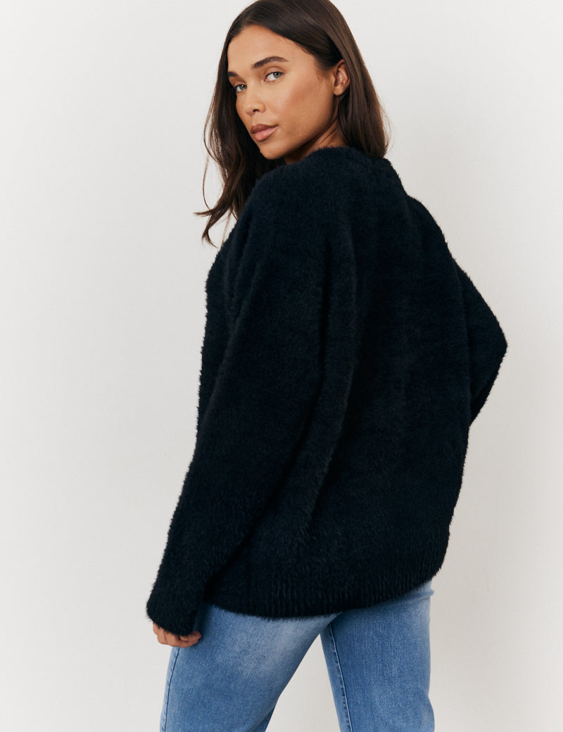 Fluffy Knit Embellished Bow Detail Cardigan