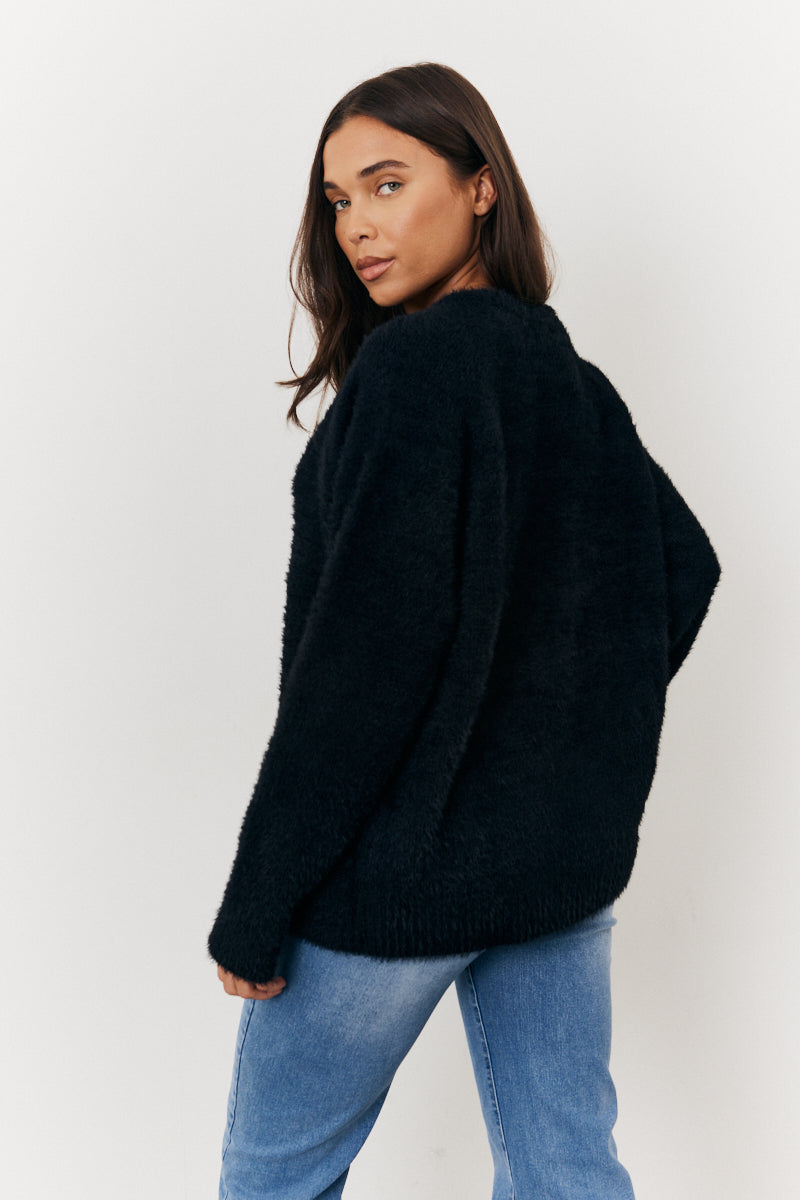 Fluffy Knit Embellished Bow Detail Cardigan