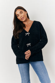 Fluffy Knit Embellished Bow Detail Cardigan