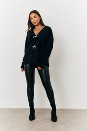 Fluffy Knit Embellished Bow Detail Cardigan