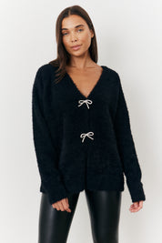 Fluffy Knit Embellished Bow Detail Cardigan
