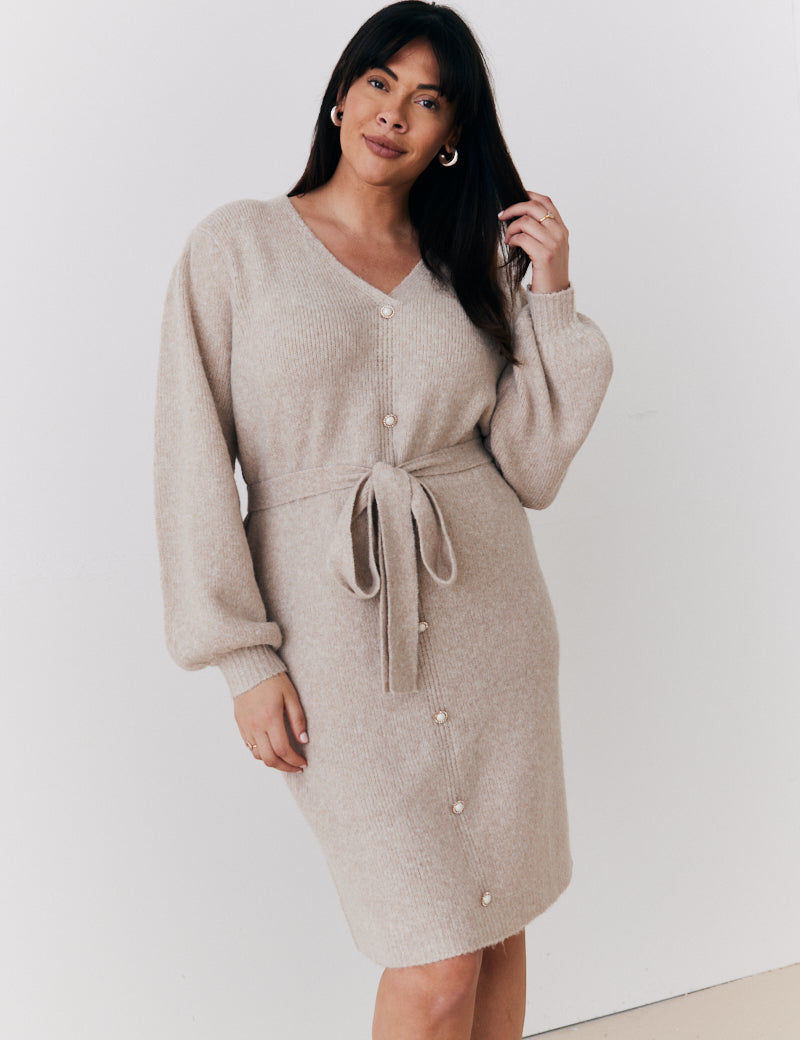 Recycled Pearl Button Detail Knit Belted Mini Dress