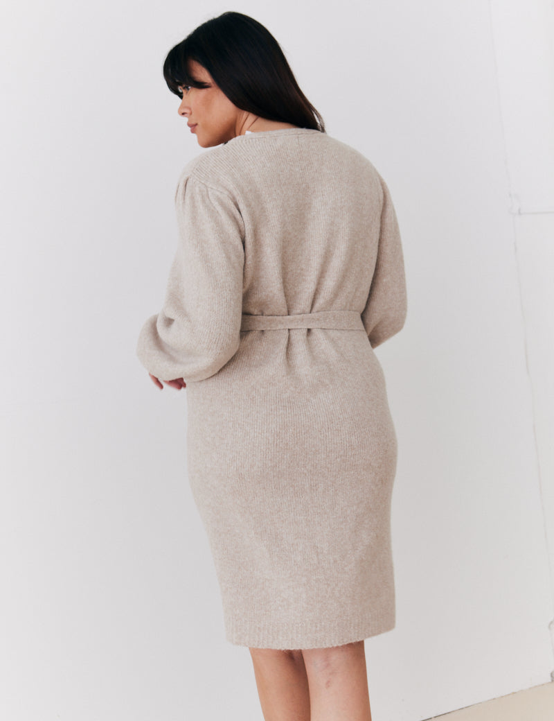 Recycled Pearl Button Detail Knit Belted Mini Dress