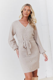 Recycled Pearl Button Detail Knit Belted Mini Dress