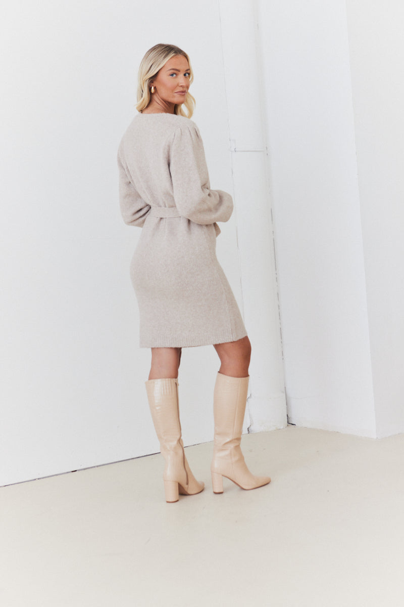 Recycled Pearl Button Detail Knit Belted Mini Dress