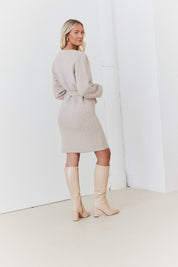 Recycled Pearl Button Detail Knit Belted Mini Dress