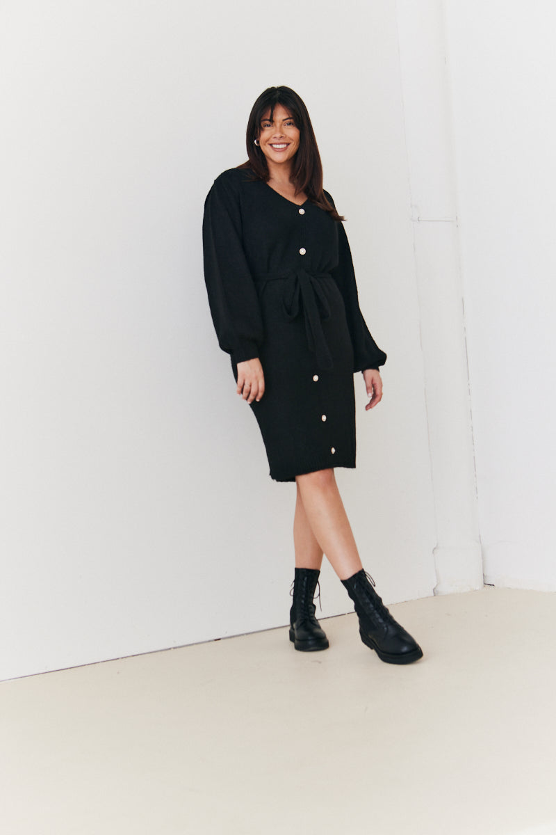 Recycled Pearl Button Detail Knit Belted Mini Dress