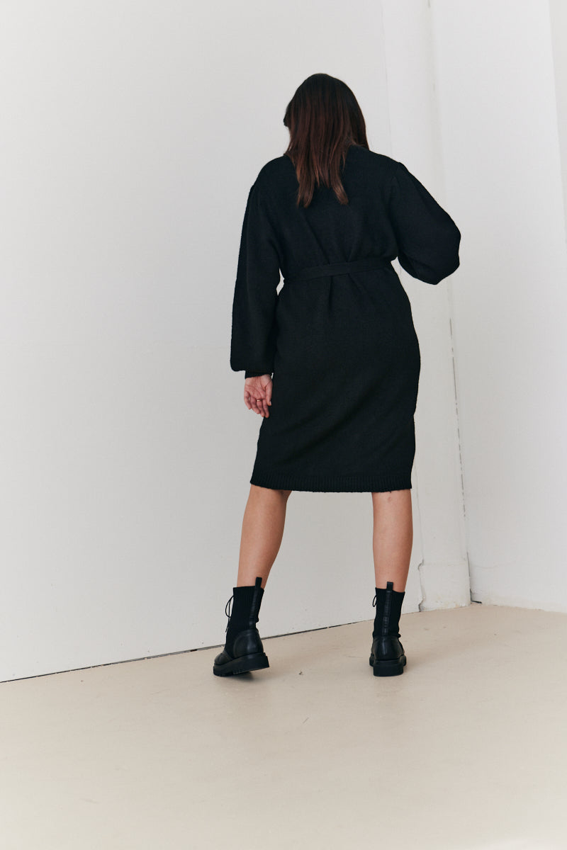 Recycled Pearl Button Detail Knit Belted Mini Dress