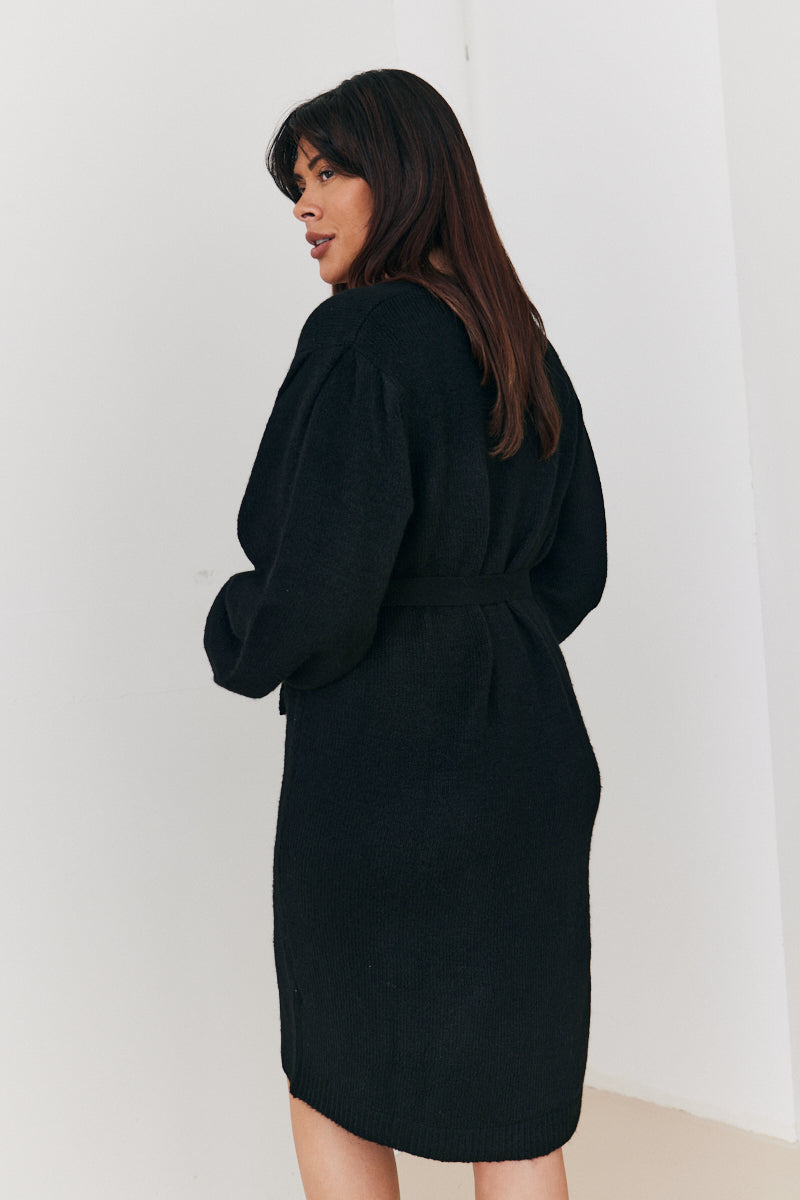 Recycled Pearl Button Detail Knit Belted Mini Dress