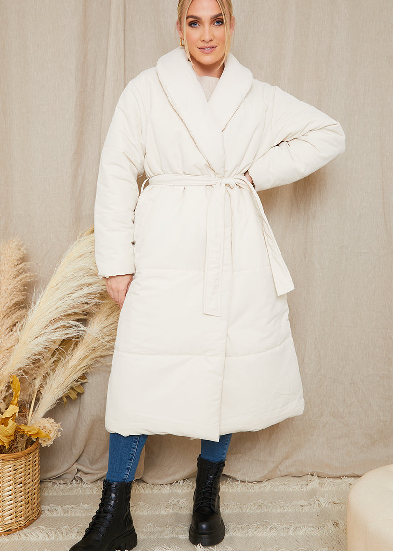 Recycled Belted Longline Lapel Collar Puffer