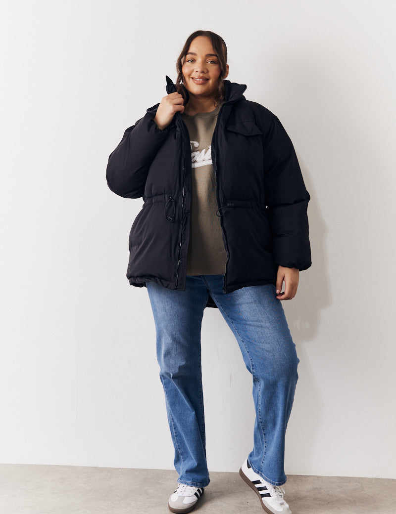 Hooded Drawstring Waist Puffer Coat