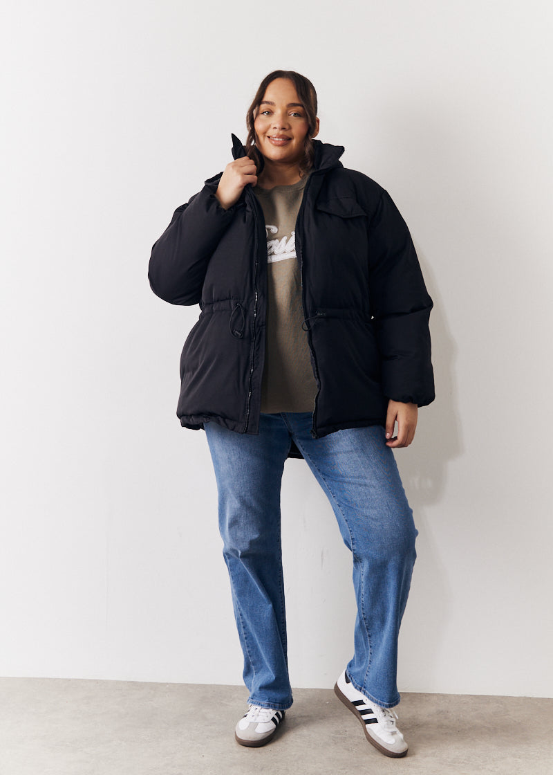 Hooded Drawstring Waist Puffer Coat
