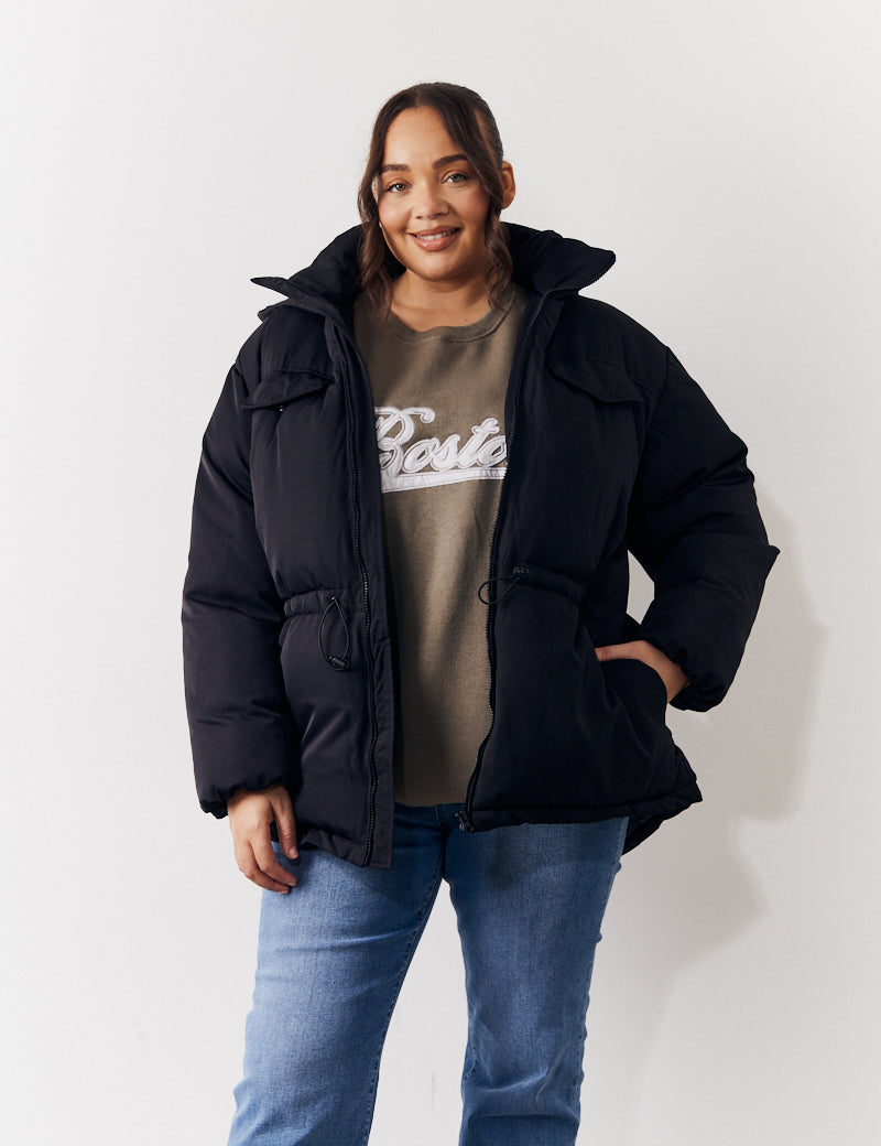 Hooded Drawstring Waist Puffer Coat