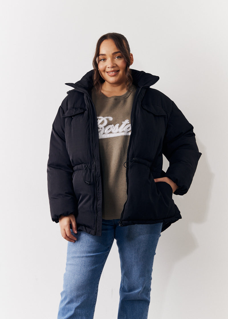 Hooded Drawstring Waist Puffer Coat