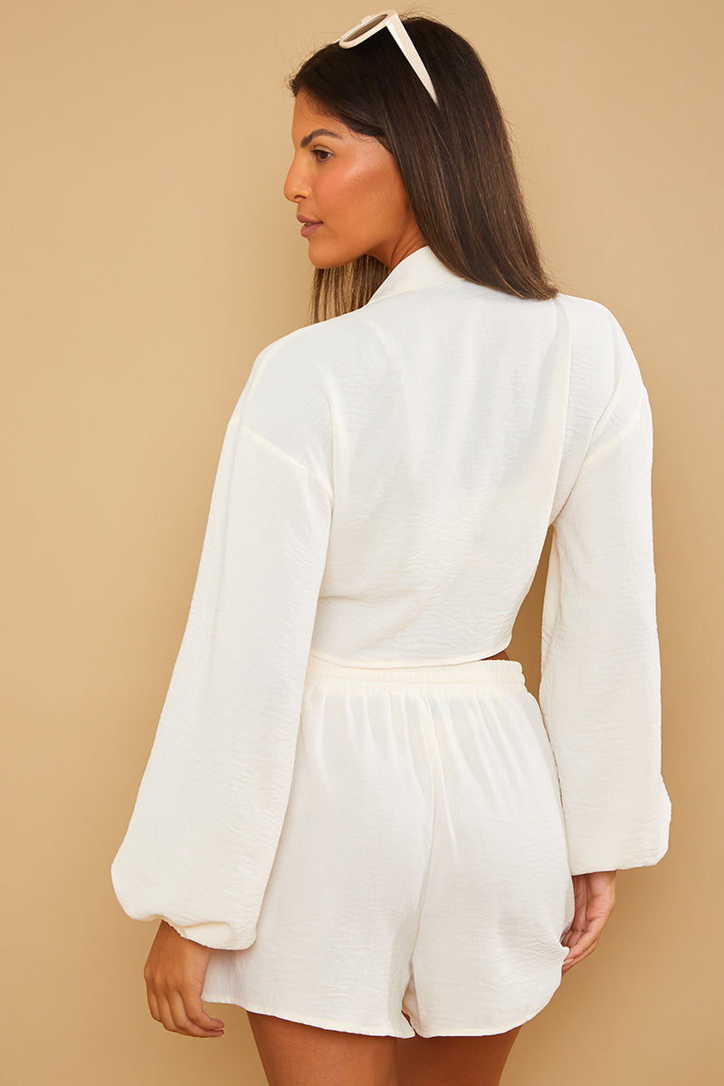 Recycled Tie Waist Collared Shirt Crop Top