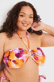 Abstract Print Halterneck Ring Detail Bikini Top - InTheStyle