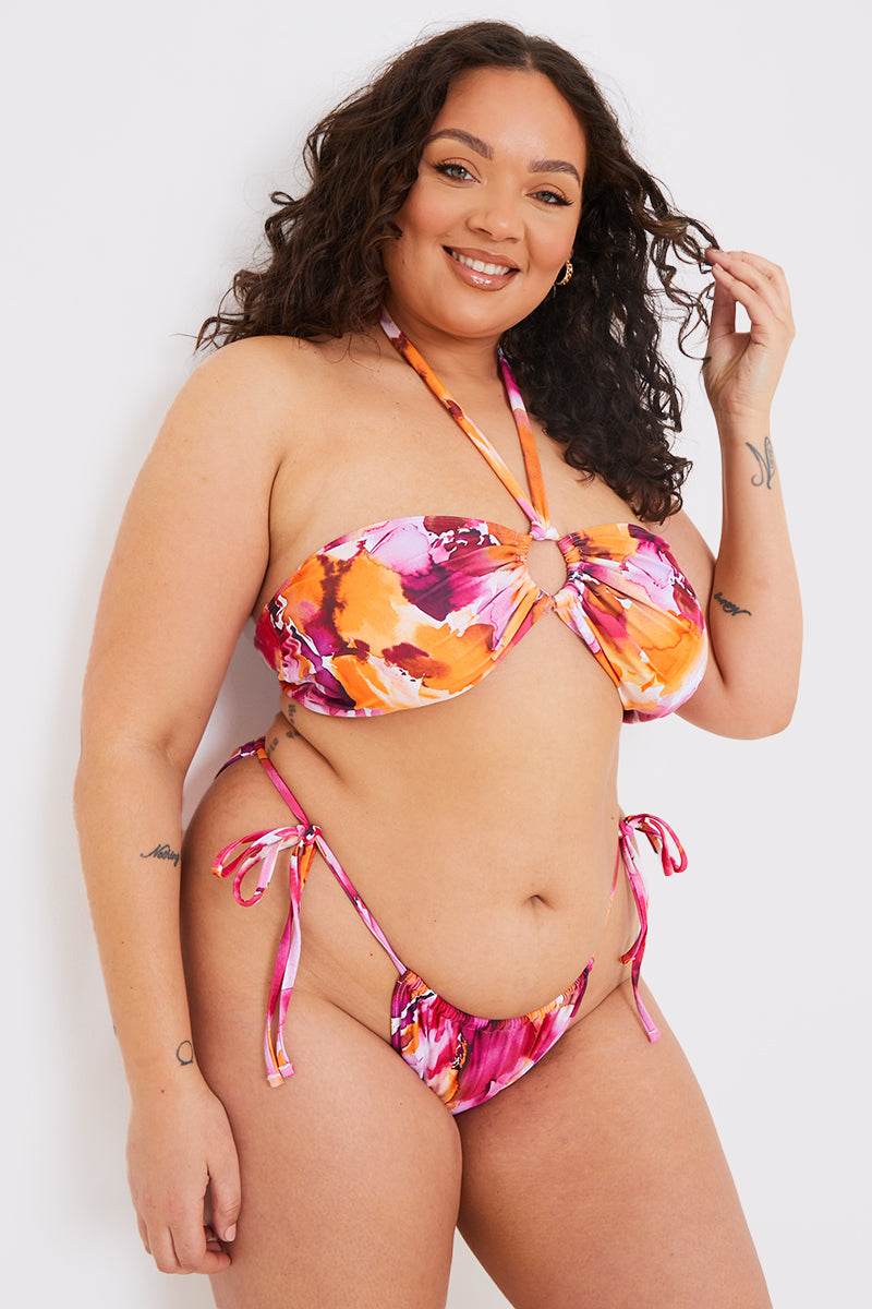 Abstract Print Halterneck Ring Detail Bikini Top - InTheStyle