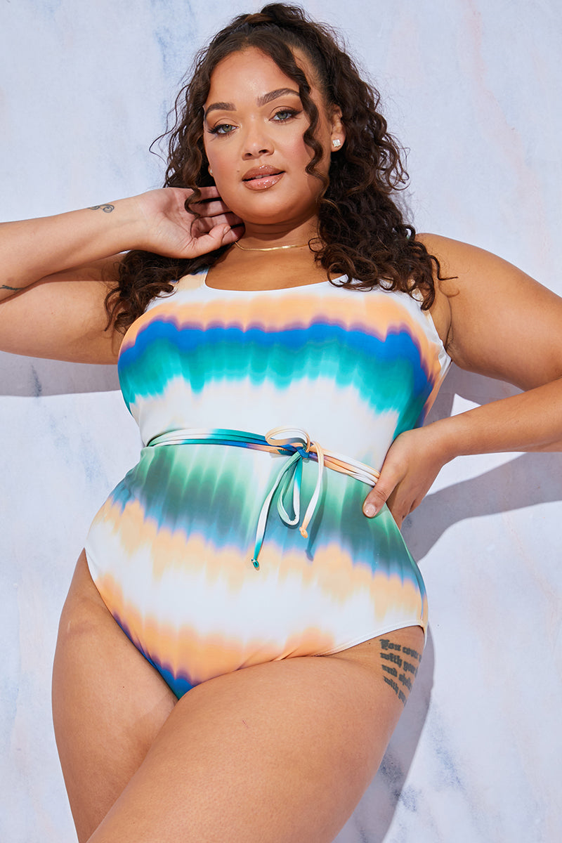 Ombre Print Scoop Neck Belted Swimsuit